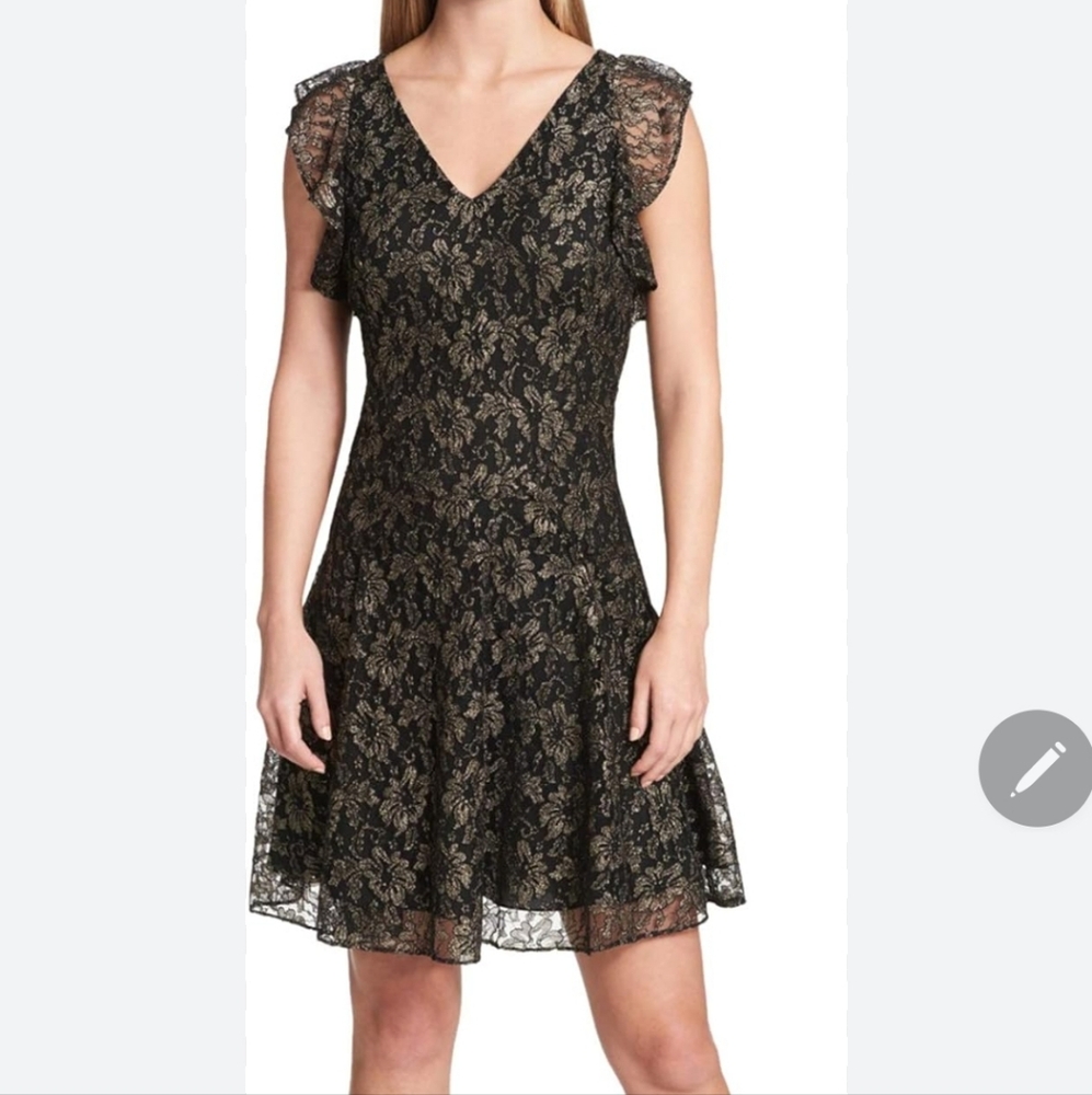 Tommy Hilfiger Women Gold And Black  Sheer Cap Sleeve  Lace Dress Size 4